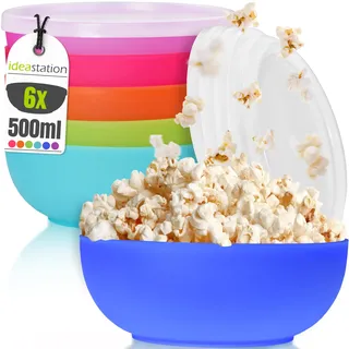 idea-station Müslischalen mit Deckel - 6 Stück - 500 ml - bunt | Kunststoff = BPA-frei + Bruchfest - kleines Bowl Schalen 6er Set - farbige Plastik-Schüsseln sind perfekt für Kinder, Camping