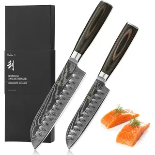 Wakoli EDIB Essentials 2er Damastmesser Santoku Messer-Set - 12cm - 18cm I Profi Küchenmesser aus 67 Lagen Damaststahl - Pakkaholzgriff - Inklusive