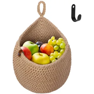 YTOPRO Hängekorb Obstkorb Hängend Korb 37x28.5cm Jutebeutel mit 1 Haken Jutetasche Korb geflochten Hängend Körbe Gemüsekorb Wandkorb Pflanzkorb Dekorativer Hängekörbchen für Küche M