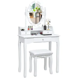 COSTWAY Schminktisch mit LED-Beleuchtung, einstellbare Helligkeit, Frisiertisch mit 3 Schubladen, Hocker und 360° drehbarem Spiegel, Kosmetiktisch für Schlafzimmer (Weiß)