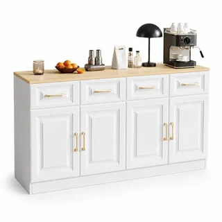 Stilvora Sideboard in Weiß Buffetschrank mit 4 Scheunentüren und 4 Schubladen für Esszimmer und Wohnzimmer, B140/T40/H75cm , Weiß, Eichefarben , Holzwerkstoff , 2 Fächer , Rechteckig,Rechteckig , 140x75x40 cm , Kleinmöbel, Kommoden, Sideboards