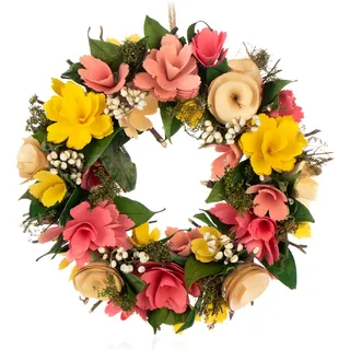 COM-FOUR® Türkranz Frühling mit Blumen aus Holz - Dekorativer Tischkranz - Kranz Deko mit Aufhänger