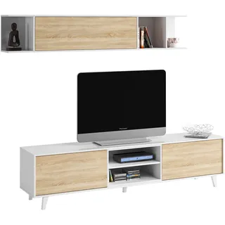 Habitdesign, Wohnzimmermöbel-Set mit TV-Modul und Wandregal, modernes Design in Hochglanz Weiß und kanadischer Eiche, Maße: 180 x 51 x 41 cm (B x H x T), Modell Zaiken Plus