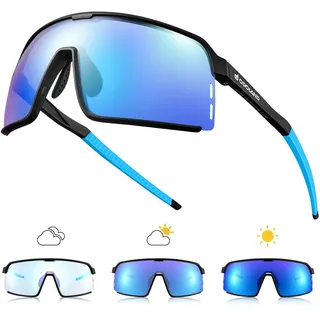 Odoland Photochromatische Selbsttönend Fahrradbrille Sportsonnenbrille Herren Damen, Sportbrillen UV 400 Schutz Radsport Brillen für Outdoor Schnelle Radfahren Laufen Blau