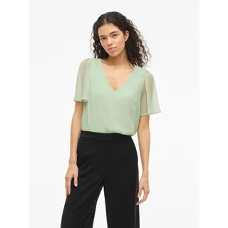 T-Shirt VILA "VIFALIA V-NECK S/S TOP - NOOS", Damen, Gr. 38, grün (smoke grün), Jersey, Obermaterial: 100% Polyester, unifarben, regular fit normal, V-Ausschnitt, Shirts T-Shirt