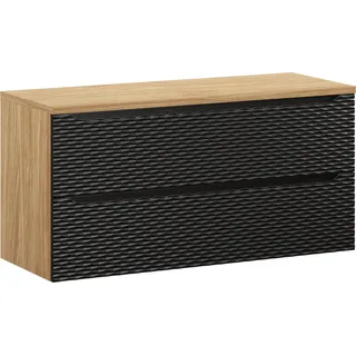 Badezimmerschrank 120 cm schwarz matt mit Eichenplatte 2 Schubladen - Schwarz