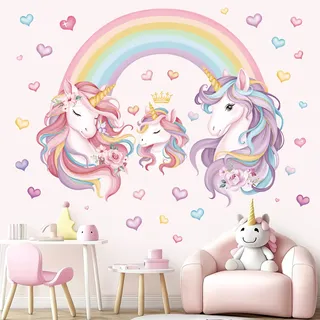 decalmile Wandtattoo Einhorn Regenbogen Wandaufkleber Herze Rosa Baby Einhorn Wandsticker Schlafzimmer Babyzimmer Kinderzimmer Mädchen Wanddeko