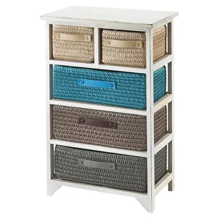 Kobolo Holzregal White Washed - 45x27x73 cm - Regal mit 5 Schubfächern & Körben - dekorativer Aufbewahrungsschrank im Used Look - Weiß