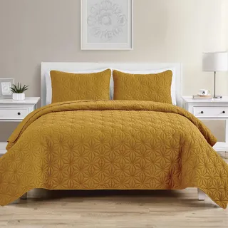 VCNY Home Quilt Set Leichte Tagesdecke mit passenden Kissenbezügen, gemütliche Raumdekoration, Mikrofaser, Gold, Full/Queen