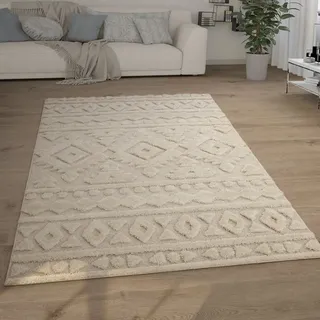 Paco Home Hochflor Teppich Wohnzimmer Shaggy 3D Optik Ethno Boho Vintage Look Weich 160x220 cm, Creme