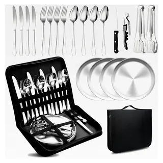 Camping Besteckset für 4 Personen, 20-teiliges Picknick-Geschirr und Utensilien-Set, Tragbares Geschirr, Edelstahl-Besteck-Kombination mit Organizer-Tasche, Wiederverwendbar, Langlebig - Silber