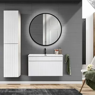 Badezimmermöbel Set mit LED Spiegel und Hochschrank IRAKLIO-56 in weiß matt, B/H/T: ca. 135/200/46 cm - Weiß