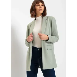 Jerseyblazer BONPRIX "Langer Jersey-Blazer mit Taschen", Damen, Gr. 36, grün (rauchgrün meliert (länge: regulär)), Obermaterial: 67% Polyester, 33% Viskose. Futter: 100% Polyester, loose fit, Blazer Jerseyblazer, mit Reverskragen, lockere Passform, aus Viskose und Polyester