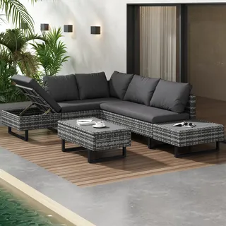 Flieks Rattan Gartenmöbel Set für 4-5 Personen, Balkonmöbel Terassenmöbel Set mit Gartentisch, Gartenlounge Set 3 Teilig, Verstellbar Sofa, Grau - Grau