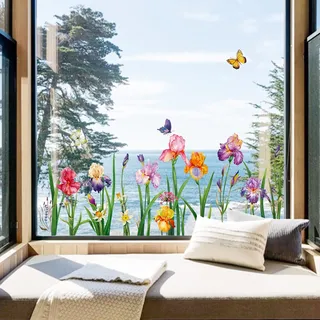 decalmile Fensteraufkleber Blumen Iris Fensterbilder Frühling Sommer Fenster Abziehbilder Garten Blumen Anti-Kollision Fenstersticker Dusche Glas Fensterdeko Aufkleber