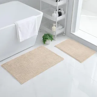 Homaxy Chenille Badezimmerteppich Set 2 teilig rutschfeste Badematte Set Weich Saugfähige Badteppich Waschbar Badvorleger - 40x60 cm+50x80 cm, Beige