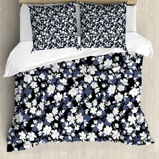 ABAKUHAUS Blumengarten Bettbezug, Vintage-Blüten, Milbensicher Allergiker geeignet mit Kissenbezügen, 200 cm x 200 cm - 80 x 80 cm, Schwarz Weiß Dimgrey - Schwarz