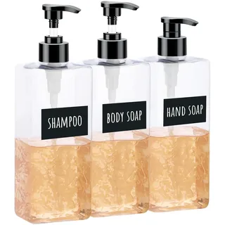 Segbeauty Transparente Quadratische Flasche, 500 ml 3er Set Lotionspender mit Wasserdichtes Etiketten, Kunststoff Seifenspender mit Pump für Badezimmer, Shampoo Spülmittelspender zum Befüllen