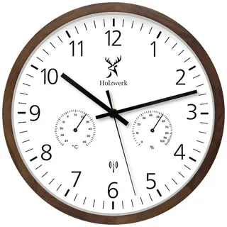 Holzwerk WEGBERG Funkwanduhr Funk Wanduhr mit Temperaturanzeige und Hygrometer Feuchtigkeitsmesser Thermometer Holz-Uhr Funkuhr lautloses Uhrwerk ohne Tickgeräusche Braun Weiß lautlos Massivholz 30 cm