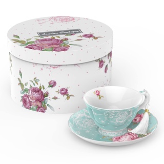 London Boutique Teetasse und Untertasse Set 1 Nachmittagstee Set New Bone China Vintage Flora Geschenkbox 200 m (türkis)