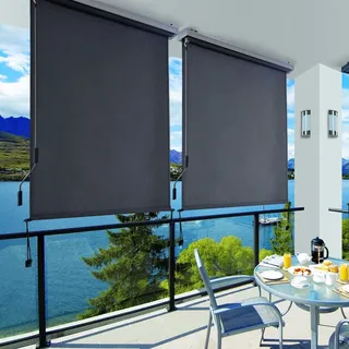 SONGMICS Alu-Senkrechtmarkise für Balkon, Seitenmarkise, Terrasse, 1,4 x 2,5 m (B x L), markise, aus Polyester (280 g/m2), mit Grauer Markisenkassette, Markise für Windschutz, Sonnenschutz und Sichtschutz, grau GSA145GY - Grau