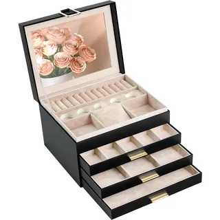 ADEL DREAM Schmuckkästchen Schmuckkasten mit 4 Ebenen Schmuckbox mit Verschluss große Schmuckstücke Schmuckaufbewahrung Geschenke für Damen Schwarz Schwarz