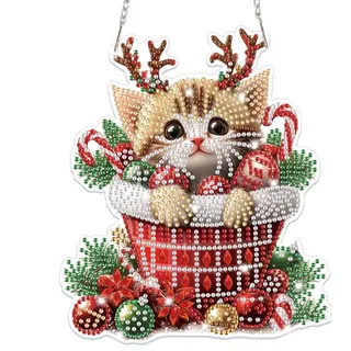 Lxmsja Weihnachten Diamond Painting Anhänger, 5D Diamond Painting Fensterbilder Katze für Erwachsene Kinder, Weihnachtsgeschenke Bastelset Kreativ Set Ornament Tür Fenster Wand Decor