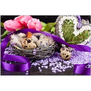 Wallario Outdoor-Poster für Garten oder Balkon, Motiv Ostern - Stillleben II - Bunte Eier, Herzen und Tulpen, in ca. 61 x 91,50 cm - Schwarz