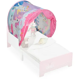 Relaxdays Bettzelt Kinder, BxT: 220x79 cm, Einhorn-Design, Betttunnel für Kinderbett, Pop-up-Funktion, Betthöhle, bunt