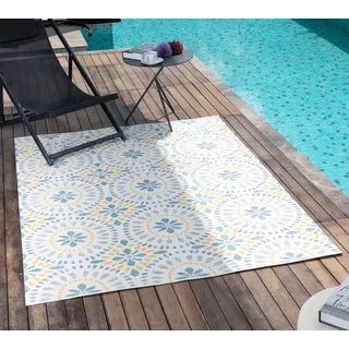 Livabliss Outdoor Teppich wetterfest, Aveiro - In und Outdoor Teppich für Balkon 160x213 cm Terrasse Garten, Küche - Outdoor Teppich Boho Style, Teppich für draußen - Teppich Elfenbein, Blau, Senfgelb