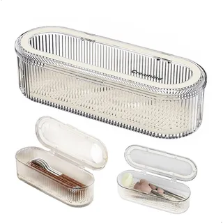Besteckbox 2-in-1, Besteckkasten mit Deckel, Schutz vor Staub Besteck etui, Aufbewahrung Schminke mit Abtropfschale, Make up Schwamm Organizer, für Küche, Schlafzimmer, Bad(Transparent)