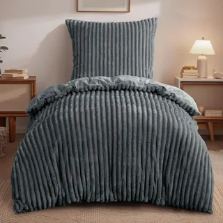 RUIKASI Winter Flanell Bettwäsche 135 x 200 Grau 2teilig - Plüsch Warme Flauschig Winterbettwäsche Cord Teddy Fleece Cashmere-Touch Bettbezug mit Reißverschluss und Kissenbezug 80x80cm