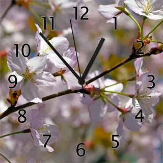 Wallario Design Wanduhr Kirschblüten in zartem Rosa - Frühling im Garten aus Echtglas, Größe 30 x 30 cm - Gelb