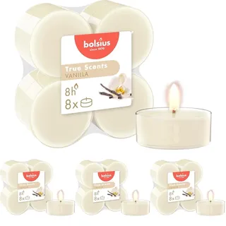 Bolsius – 8 Teelichter Maxi Duft – Vanille – Lange Brenndauer von 8 Stunden – Kerze für den Innenbereich – Natürliche Extrakte – Veganes Wachs – Ohne Palmöl (Packung mit 4)