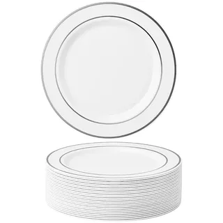 MATANA 25 Premium Weiße Plastik Dessertteller, Kleine Partyteller mit Silbernem Rand, 19cm - Elegant, Stabil & Mehrweg - Hochzeiten, Geburtstage, Taufen, Weihnachten, Grillpartys, Partys