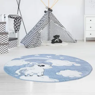 carpet city Kinderteppich Flachflor Bueno Konturenschnitt mit Einhorn Sterne Regenbogen in Blau für Kinderzimmer, Größe: 160 cm rund, bueno-1450-blue-160x160rund