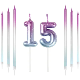 Mciskin 15th Birthday Number Kerzen Dekorationen Bunte 15 Kerze mit Rosa Lila Lange Kerzen Kuchen Kerzen Kuchen Topper Dekorationen für Jungen Mädchen Männer Frauen Geburtstagsfeier Hochzeit Jubiläum