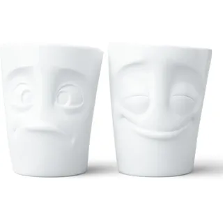 FIFTYEIGHT PRODUCTS / Tassen / Becher-Set Nr. 2, ohne Henkel „Vergnügt & Verdutzt“ (Porzellan, 2 x 350ml, Weiß, Made in Germany)