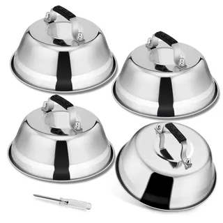 Herogo Burgerglocke 4er Set, Edelstahl Burger Glocke Grillhaube, 17x6 cm | Hamburger Glocke mit Hitzebeständig Griff für Grill Teppanyaki Smash Burger Cheese, Rund Grill Deckel, Spülmaschinenfest