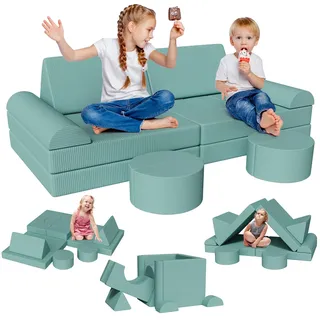 Clevich Spielsofa für Kinder, 15-Teiliges Modulare Kinderspielcouch, Kindersofa ausklappbar, Oeko-TEX100 Zertifiziert, Schlafsofa aus Schaumstoff, für Kuschelecke im Kinderzimmer, Kuschel-Cord (Grün)