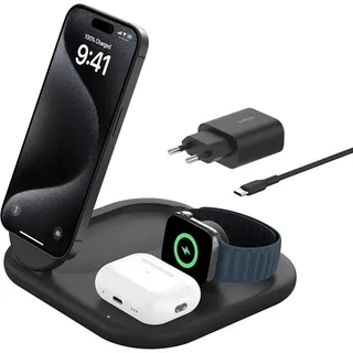 Belkin BoostCharge Ladegerät induktive 3-in-1 Ladestation Qi2, 15 W, klappbar MagSafe-kompatibles Ständer für Apple iPhone 17, Air, Pixelsnap, Apple Watch, AirPods, mit Netzteil – Schwarz