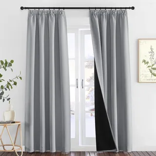 PONY DANCE Thermogardine Wärmeisolierend Doppellagige Lichtundurchlässige Gardinen mit Kräuselband 2er Set H 245 x B 140 cm Silbergrau, Thermal Curtains for Winter Verdunklungsvorhänge