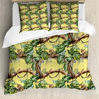 ABAKUHAUS Aquarell Bettbezugs Set Für Doppelbetten, Leoparden im Dschungel, Milbensicher Allergiker geeignet mit Kissenbezügen, Gelb Grün Hellgelb - Gelb