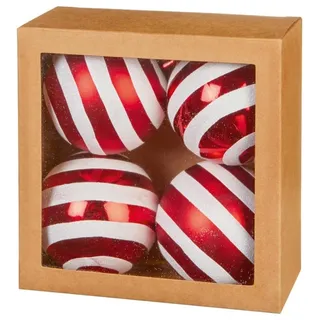 Weihnachtskugeln 80MM Rot & Weiß Streifen Glitzer Packung 4