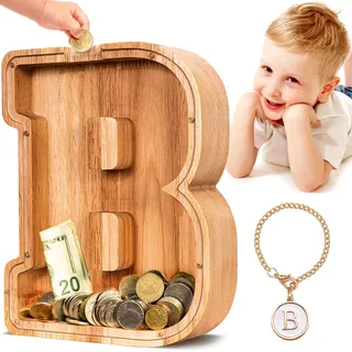 Summidate Spardose für Kinder Junge, Personalisiert Holz Großes Sparschwein, Unzerbrechliches Buchstabe A-Z Sparbüchse für Kinder Mädchen, Erwachsene, Geschenk&Dekoration