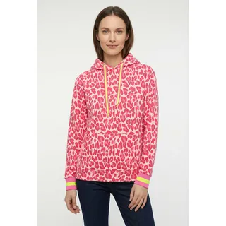 Hoodie ZWILLINGSHERZ "Leo Allover Neon Kante", Damen, Gr. S, pink, Sweatware, Obermaterial: 50% Baumwolle, 50% Polyester, gemustert, kontrastfarbene Details, mehrfarbig, regular fit normal, hoch geschlossener Ausschnitt, angesetztes Bündchen, Sweatshirts Hoodie, mit Animal-Design und kontrastfarbigen Ärmelbündchen