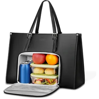 MATEIN Arbeitstasche Damen Mit Isolierted Kühlfach, Laptoptasche Damen 15.6 Zoll, Lunch Tasche Wasserdicht, Shopper Tasche Leder, Schultertasche Groß Lehrertasche für Uni Business, Schule, Schwarz