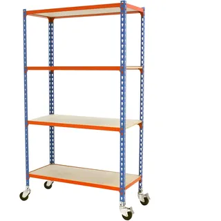 Simon Rack Metallregal mit Rollen 1575x800x400 mm - Maderclick | 4 Höhen, Holzablage, Biegepunkt 75 kg, Korrosionsschutzlackierung, Klicksystem-Montage, Blau/Orange