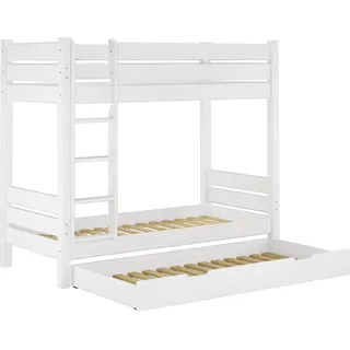 Kiefer-Stockbett massiv weiß 90x200 Etagenbett teilbar Hochbett Zubehör wählbar V-60.16-09WT80Rollrost und Gästebettkasten inkl. - Weiß
