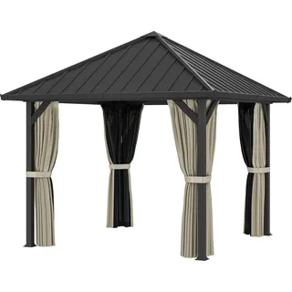 Pavillon mit Hardtop, ca. 3x3 m Wasserdicht Stabil Winterfest Gartenpavillon mit Moskitonetz, Seitenteile, Garten Pavillon aus Metall, Pavillon für Garten, Terrasse, Dunkelgrau
